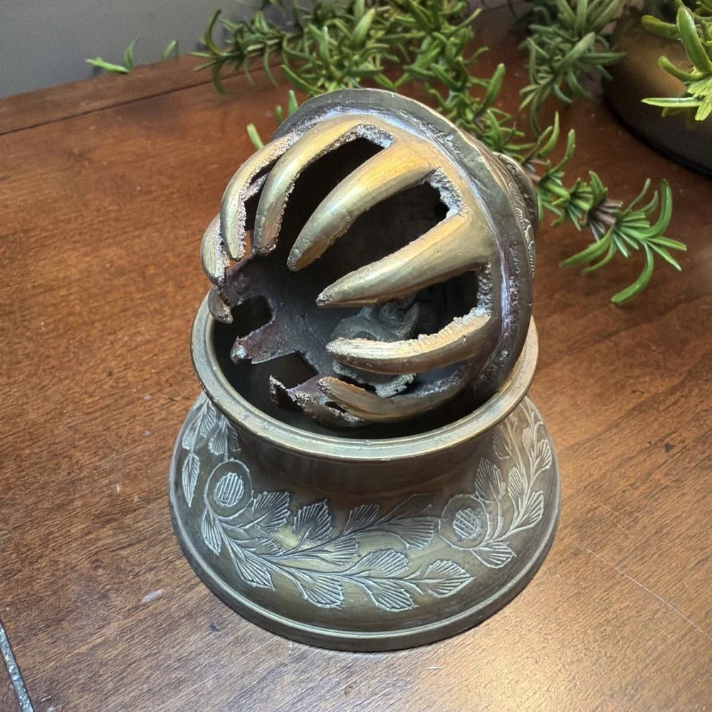 Vintage Solid Brass Elephant Claw Bell Engraved Leaf Pattern with Stand 3